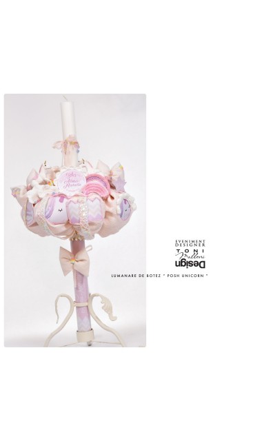 Lumanare de botez roz pentru fetite cu unicorni, 65x4cm, Baby Unicorn 3